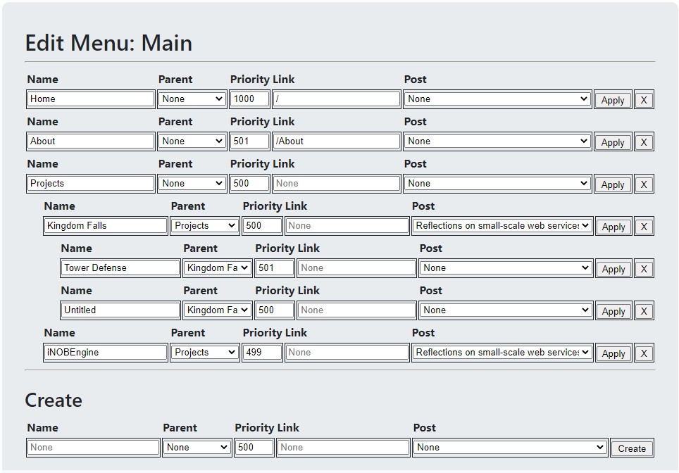 The editor interface for menu editing